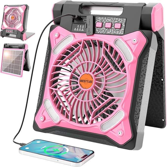 Solar Fan Battery Powered Rechargeable Solar Camping Fan with Led Lantern & Power Bank Foldable Angle USB Personal Fans for