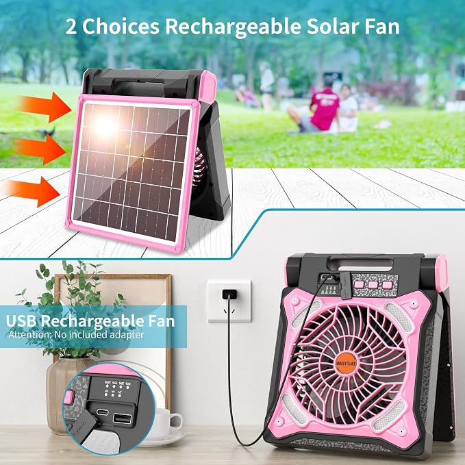 Solar Fan Battery Powered Rechargeable Solar Camping Fan with Led Lantern & Power Bank Foldable Angle USB Personal Fans for