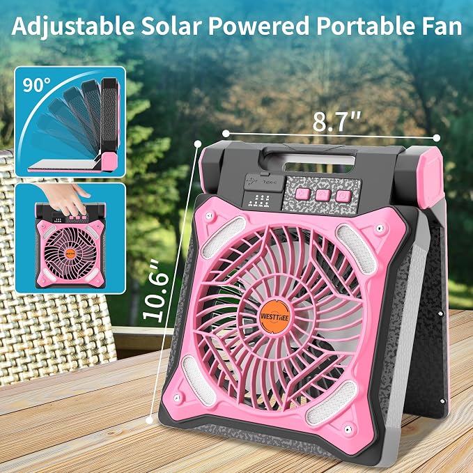 Solar Fan Battery Powered Rechargeable Solar Camping Fan with Led Lantern & Power Bank Foldable Angle USB Personal Fans for