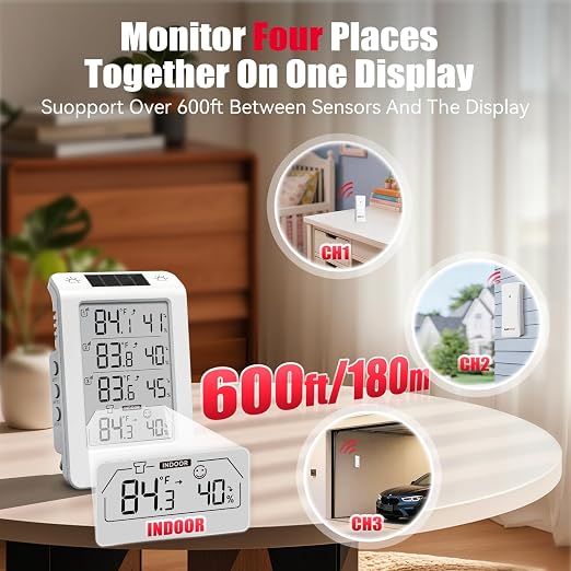 Solar Photosensitive Three Channel Thermo-Hygrometer, Wireless Temperature & Humidity Monitor with 330ft Range, 4.8" Digital