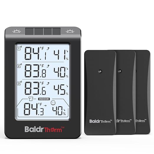 Solar Photosensitive Three Channel Thermo-Hygrometer, Wireless Temperature & Humidity Monitor with 330ft Range, 4.8" Digital