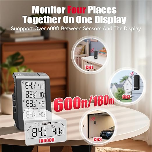 Solar Photosensitive Three Channel Thermo-Hygrometer, Wireless Temperature & Humidity Monitor with 330ft Range, 4.8" Digital