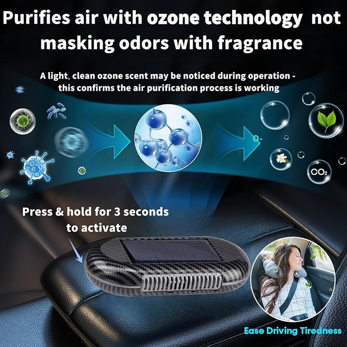 Solar-Powered Car Air Purifier with USB Charging & Ozone Odor Elimination - Portable HEPA Filter-Free Ionizer, alternate view