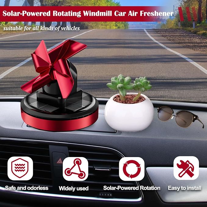 Solar-Powered Rotating Windmill Car Air Freshener - Aromatic Diffuser for Car Interior Dashboard Decor, Alloy & ABS Material