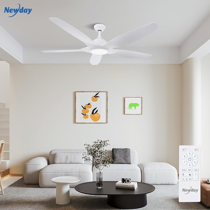 Solid Wood 60" White Ceiling Fans with Light and Remote, Modern, Noiseless Reversible DC Motor, Large Indoor, Kitchen
