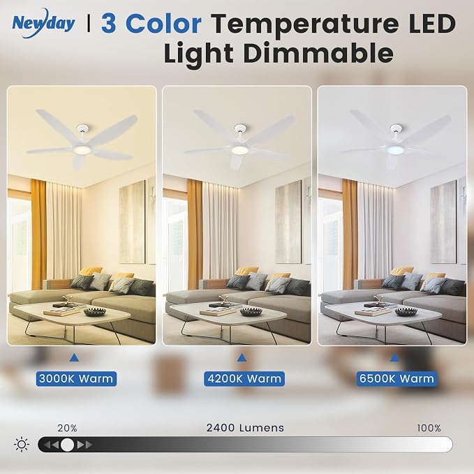 Solid Wood 60" White Ceiling Fans with Light and Remote, Modern, Noiseless Reversible DC Motor, Large Indoor, Kitchen