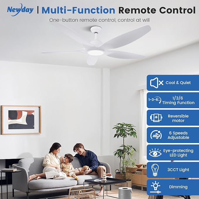 Solid Wood 60" White Ceiling Fans with Light and Remote, Modern, Noiseless Reversible DC Motor, Large Indoor, Kitchen
