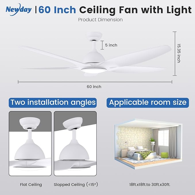 Solid Wood 60" White Ceiling Fans with Light and Remote, Modern, Noiseless Reversible DC Motor, Large Indoor, Kitchen