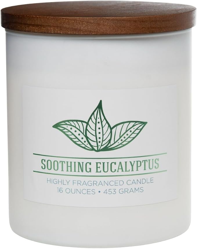 Soothing Eucalyptus Scented Candle, 16 oz comfort Relaxing Aromatherapy Candle, 2 Wick White Jar Soy Blend Wax, product image