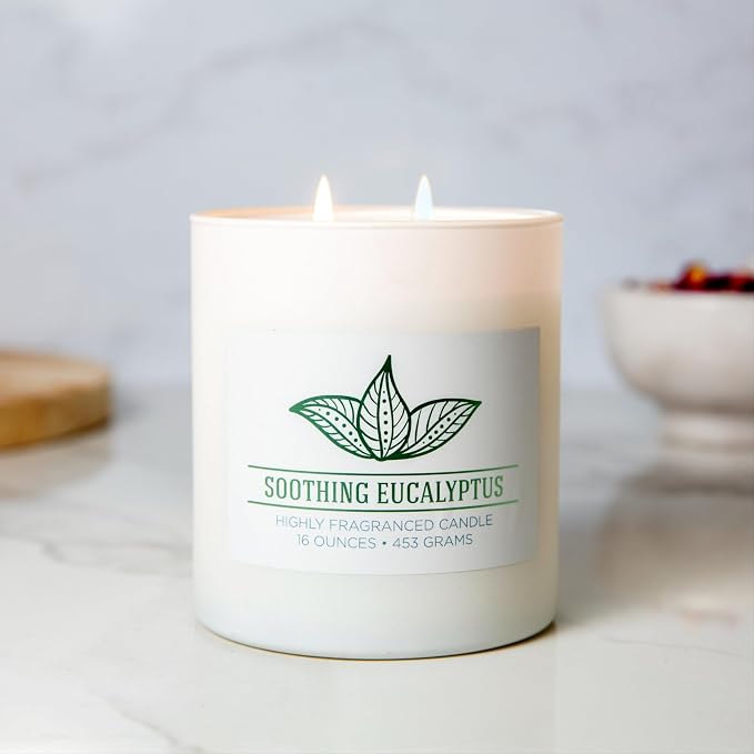 Soothing Eucalyptus Scented Candle, 16 oz comfort Relaxing Aromatherapy Candle, 2 Wick White Jar Soy Blend Wax, alternate