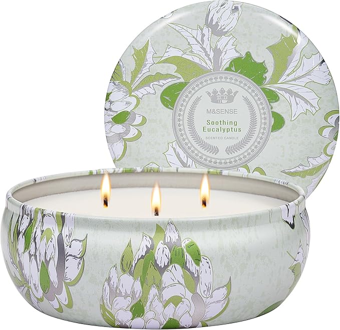 Soothing Eucalyptus Scented Candles, Large 3 Wick Soy Tin Candle, Over 40 Hour Burning Time, 100% Natural Vegan Wax, Relaxing