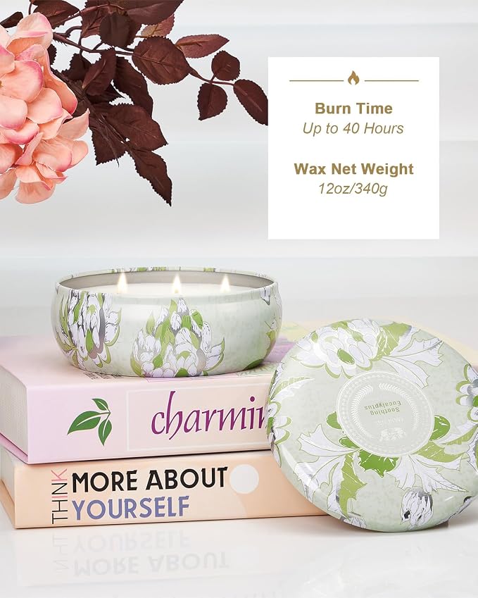 Soothing Eucalyptus Scented Candles, Large 3 Wick Soy Tin Candle, Over 40 Hour Burning Time, 100% Natural Vegan Wax, Relaxing