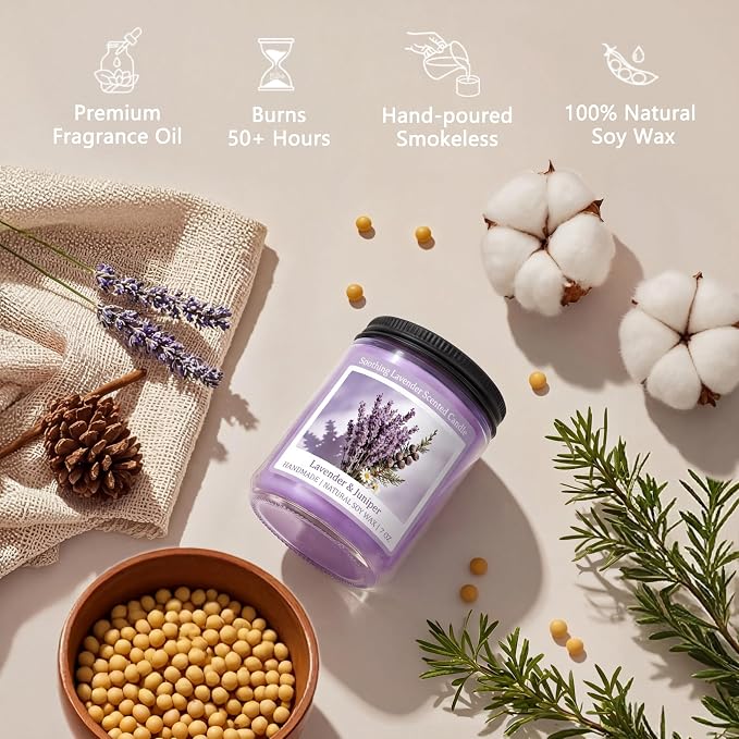 Soothing Lavender Scented Candle, Natural Soy Candles with 50+ Hour Burn, Soft Juniper Lavender Fragrance for Home, alternate