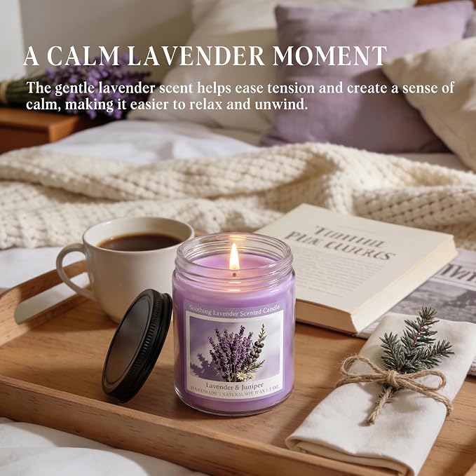 Soothing Lavender Scented Candle, Natural Soy Candles with 50+ Hour Burn, Soft Juniper Lavender Fragrance for Home, alternate