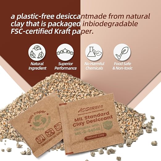18g x 25 Pack Bentonite Clay Desiccant Packs– Food Grade Moisture Absorbers for Pet Food, Tea, Dry Grains