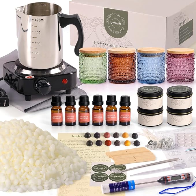 Soy Candle Making Kit with Wax Melter for Adults- Natural Soy Wax with Candle Making Supplies, 4 Jars& 4 Tins