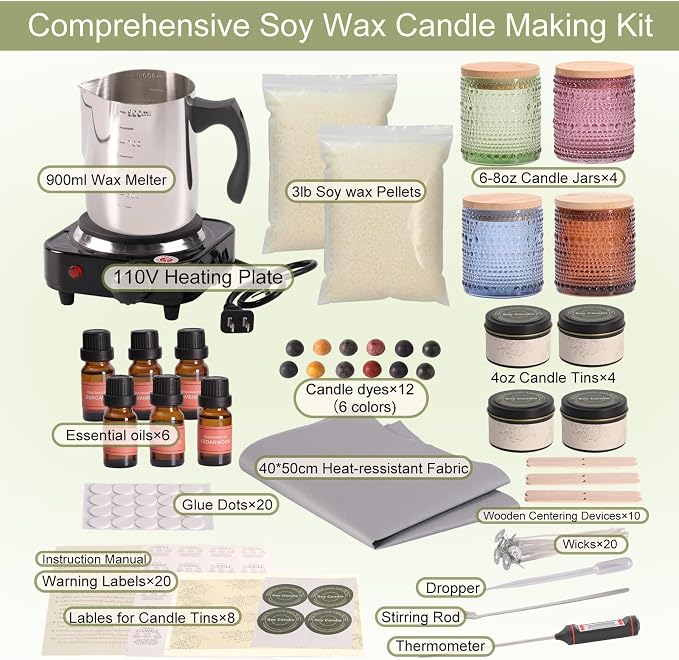 Soy Candle Making Kit with Wax Melter for Adults- Natural Soy Wax with Candle Making Supplies, 4 Jars& 4 Tins, alternate view