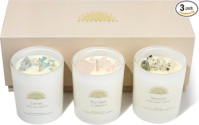 Soy Candles - Crystal Candles with Rose Quartz Moonstone Celestite - Scented Wax Gift Set - Black Currant & Rose, product