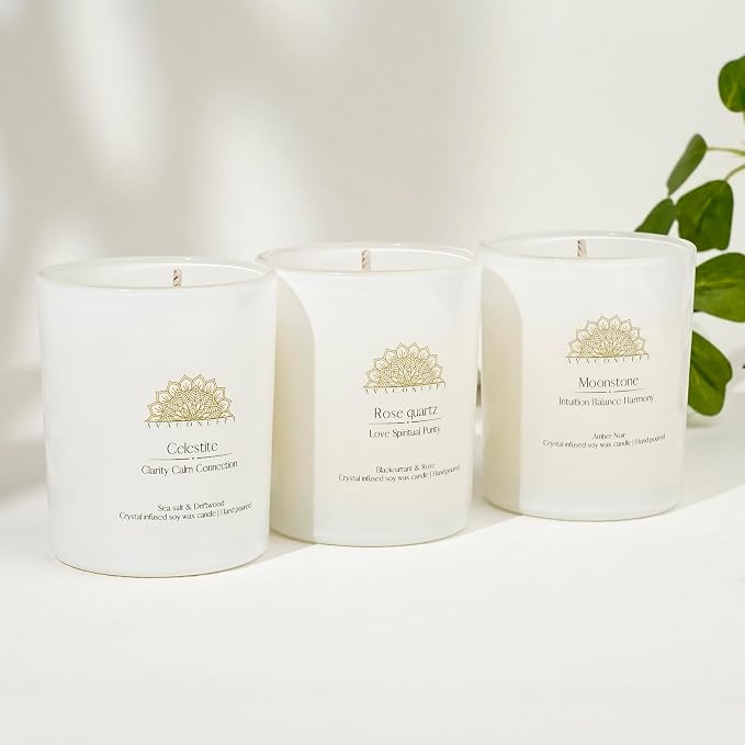 Soy Candles - Crystal Candles with Rose Quartz Moonstone Celestite - Scented Wax Gift Set - Black Currant & Rose, alternate