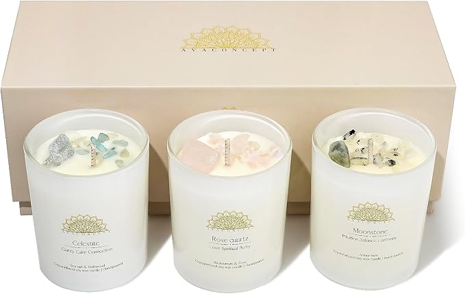 Soy Candles - Crystal Candles with Rose Quartz Moonstone Celestite - Scented Wax Gift Set - Black Currant & Rose, alternate