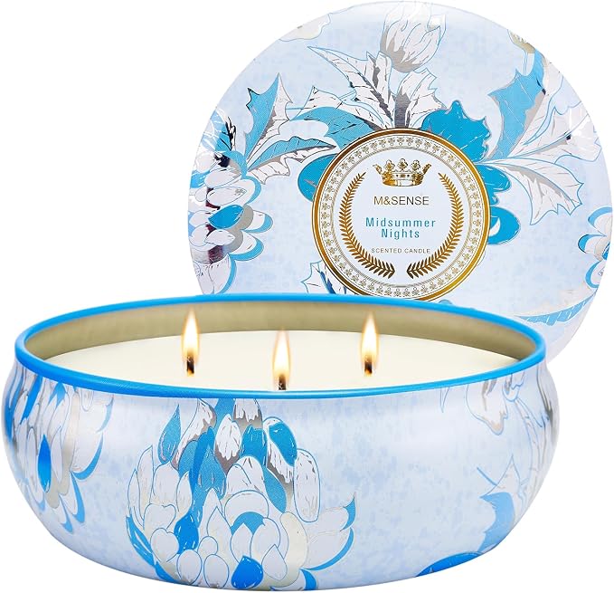 Soy Scented Candles for Home 12oz, 3 Wick Highly Scented 40 Hours Long Lasting, Midsummer Nights Scented Portable Tin Candles