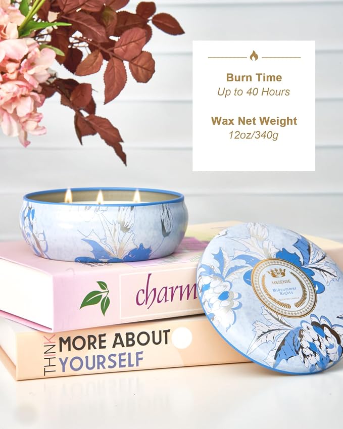 Soy Scented Candles for Home 12oz, 3 Wick Highly Scented 40 Hours Long Lasting, Midsummer Nights Scented Portable Tin Candles