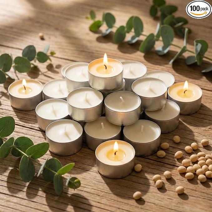 Soy Tea Lights Candles 100 Pack, 4 Hours Tealights Candles Bulk Unscented Small Tea Candles, product image