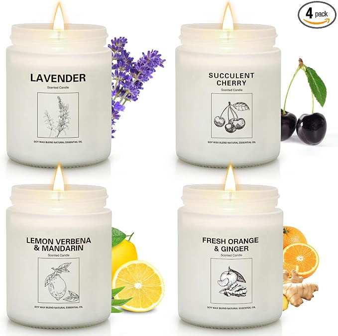 Soy Wax Scented Candle Gift Set, 4 Pack Lavender, Orange & Lemon Scents, Long Lasting Aromatherapy Candles for Home, product