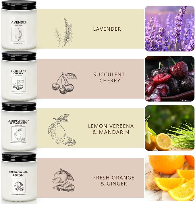 Soy Wax Scented Candle Gift Set, 4 Pack Lavender, Orange & Lemon Scents, Long Lasting Aromatherapy Candles for Home