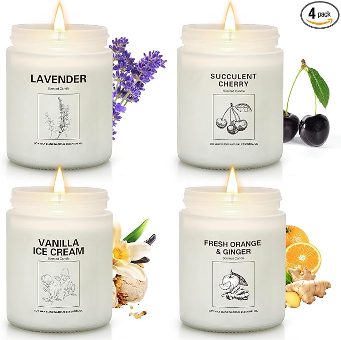 Soy Wax Scented Candle Gift Set, 4 Pack Lavender, Orange & Ginger, Vanilla Scents, Long Lasting Aromatherapy Candles for