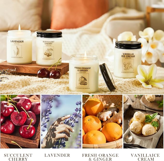 Soy Wax Scented Candle Gift Set, 4 Pack Lavender, Orange & Ginger, Vanilla Scents, Long Lasting Aromatherapy Candles for
