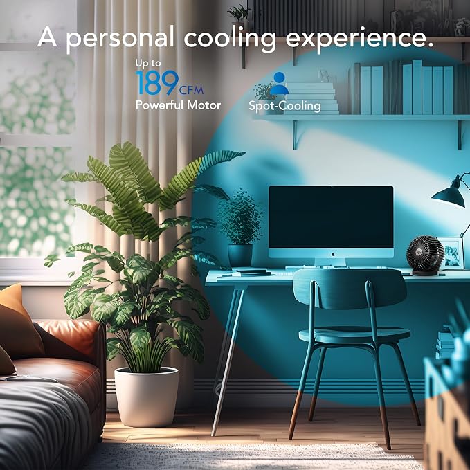 SPHERE Personal Adjustable Fan, Quiet Operation, Targeted Cooling Airflow, 2 Speed Settings, Manual Control, Detachable Base