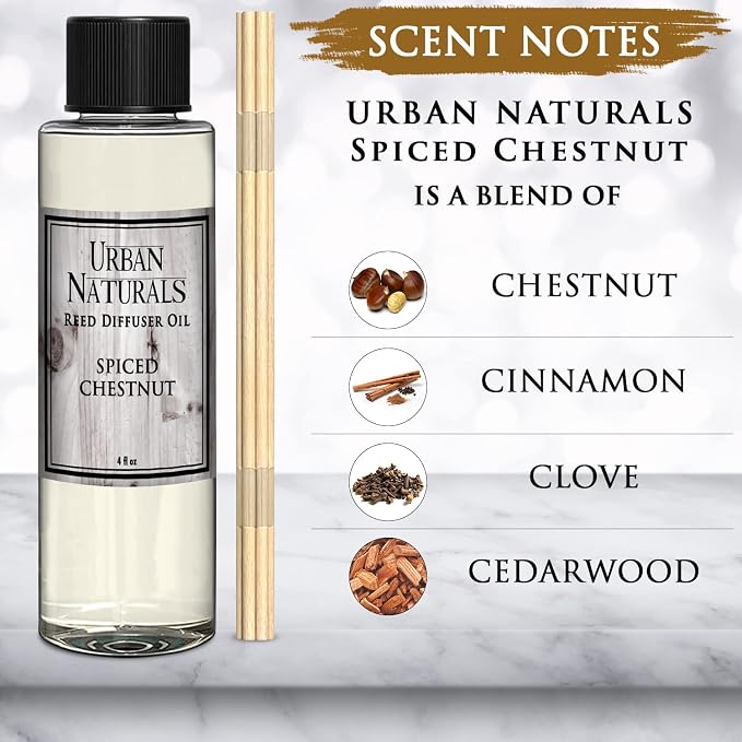Spiced Chestnut Oil Reed Diffuser Refill with Free Set of Reed Sticks – Comforting Autumn Scent of Chestnuts, Cinnamon