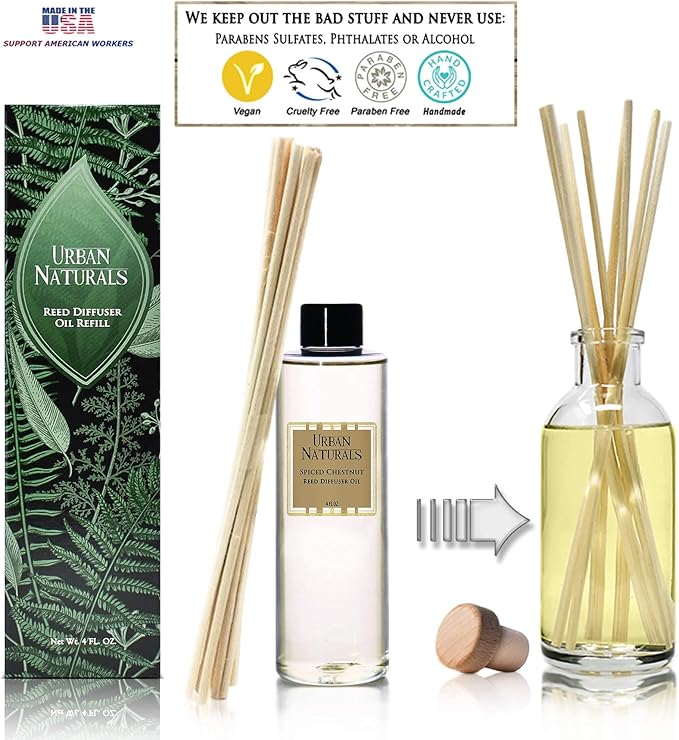 Spiced Chestnut Oil Reed Diffuser Refill with Free Set of Reed Sticks – Comforting Autumn Scent of Chestnuts, Cinnamon