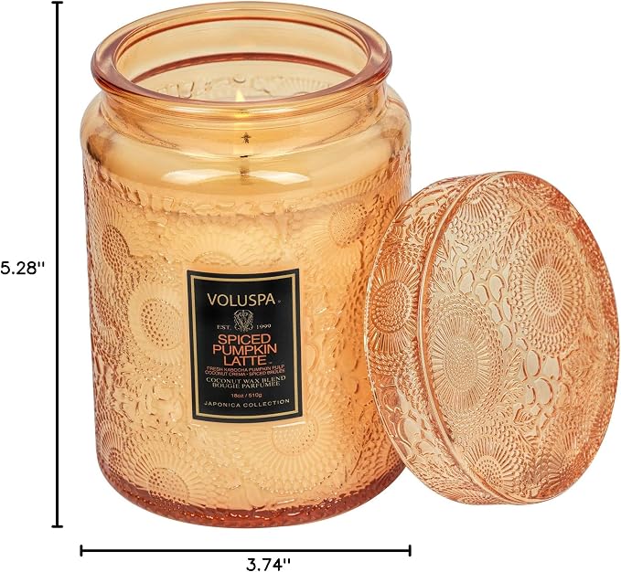 Spiced Pumpkin Latte, Large Candle Jar, 18 oz, 100 Hour Burn Time, All Natural Wicks and Coconut Wax for Clean Burning