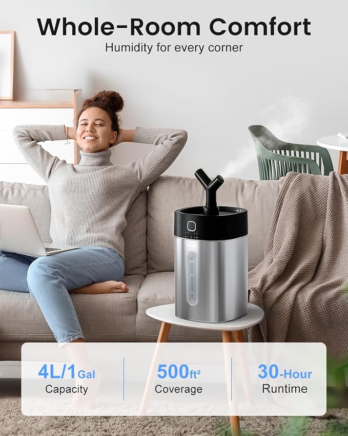 Stainless Steel Humidifier, Easy Clean Dishwasher Safe, 4L/1Gal Cool Mist Humidifiers for Bedroom, Humidifiers for Baby
