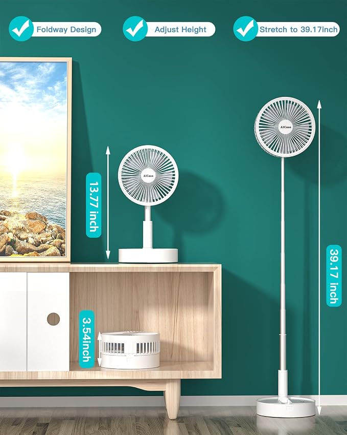 Stand Fan,Folding Portable Telescopic Floor/USB Desk Fan with 10800mAh Rechargeable Battery,4 Speeds Super Quiet Adjustable