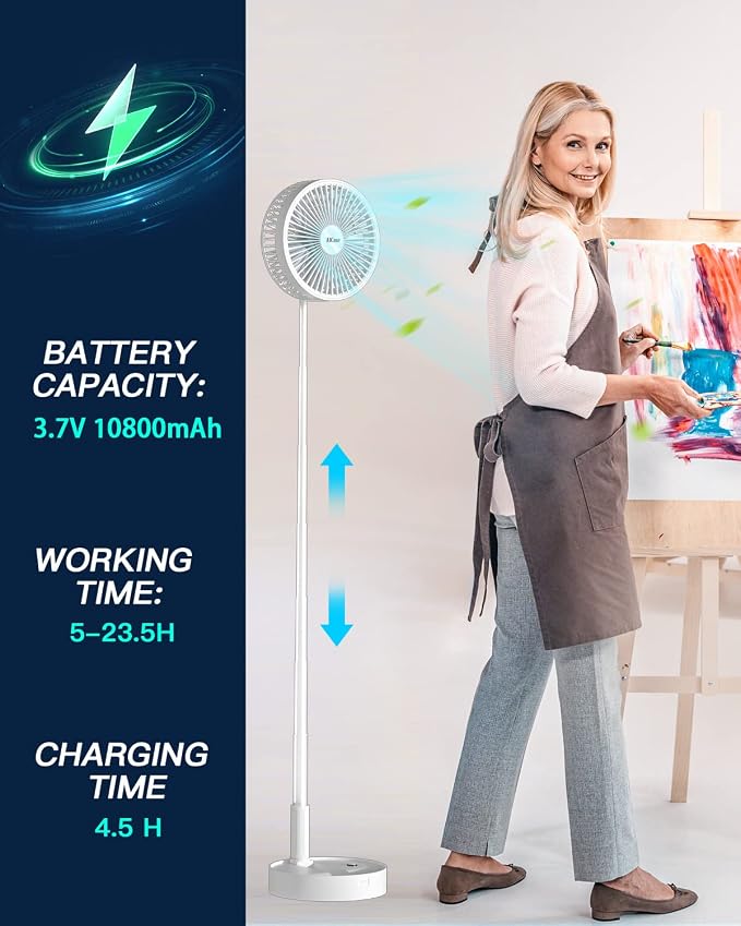 Stand Fan,Folding Portable Telescopic Floor/USB Desk Fan with 10800mAh Rechargeable Battery,4 Speeds Super Quiet Adjustable