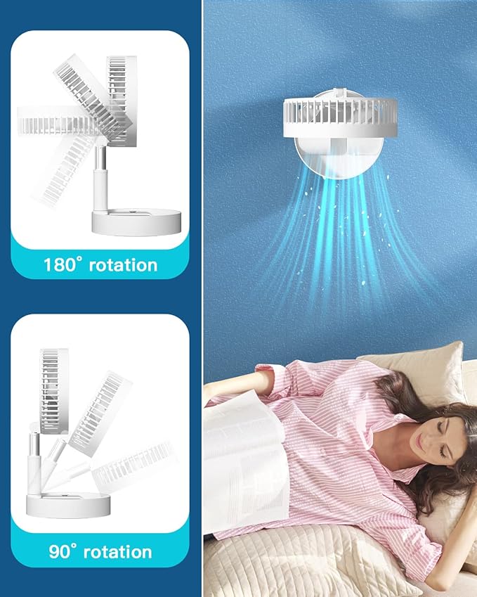 Stand Fan,Folding Portable Telescopic Floor/USB Desk Fan with 10800mAh Rechargeable Battery,4 Speeds Super Quiet Adjustable