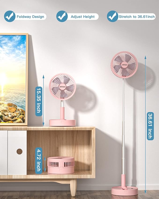 Stand Fan, Folding Portable Telescopic Floor/USB Desk Fan with 7200mAh Rechargeable Battery,4 Speeds Super Quiet, alternate
