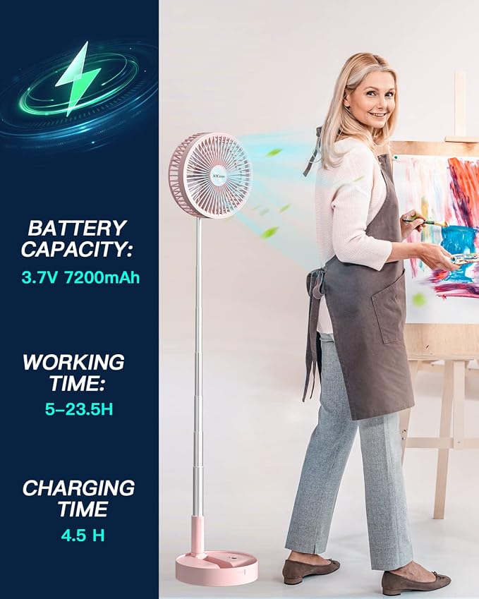 Stand Fan, Folding Portable Telescopic Floor/USB Desk Fan with 7200mAh Rechargeable Battery,4 Speeds Super Quiet, alternate