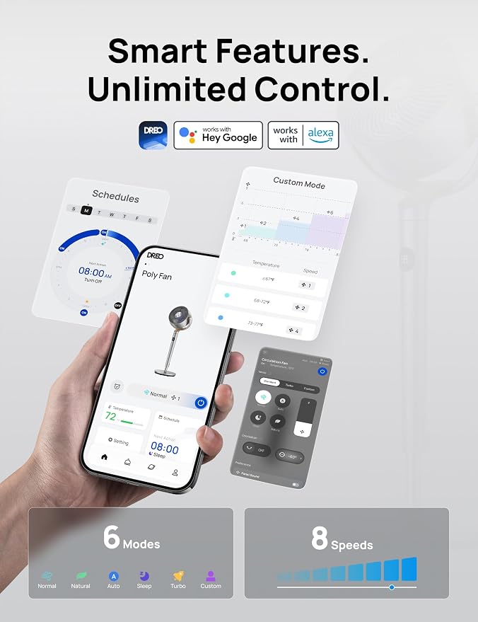 Standing Fan, 120°+120° Smart Oscillating Floor Fans with Wi-Fi/Voice Control, 90 ft Fan For Bedroom, DC Motor Quiet Fans