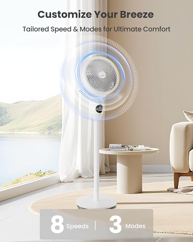 Standing Fan for Bedroom, 3 Heights Adjustable Pedestal Fan with Remote, 90° Oscillating Floor Fan, 8 Speeds & 3 Modes, 25dB