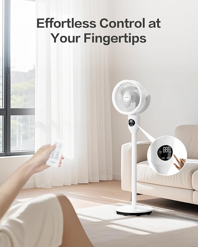 Standing Fan for Bedroom, 3 Heights Adjustable Pedestal Fan with Remote, 90° Oscillating Floor Fan, 8 Speeds & 3 Modes, 25dB
