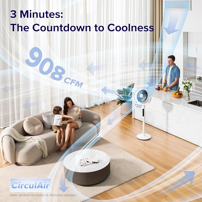 Standing Fan for Bedroom, CirculAir 120° Oscillating, Quiet 20dB, 9 Speeds, 4 Modes, DC Motor, 2 in 1 Pedestal & Tabletop