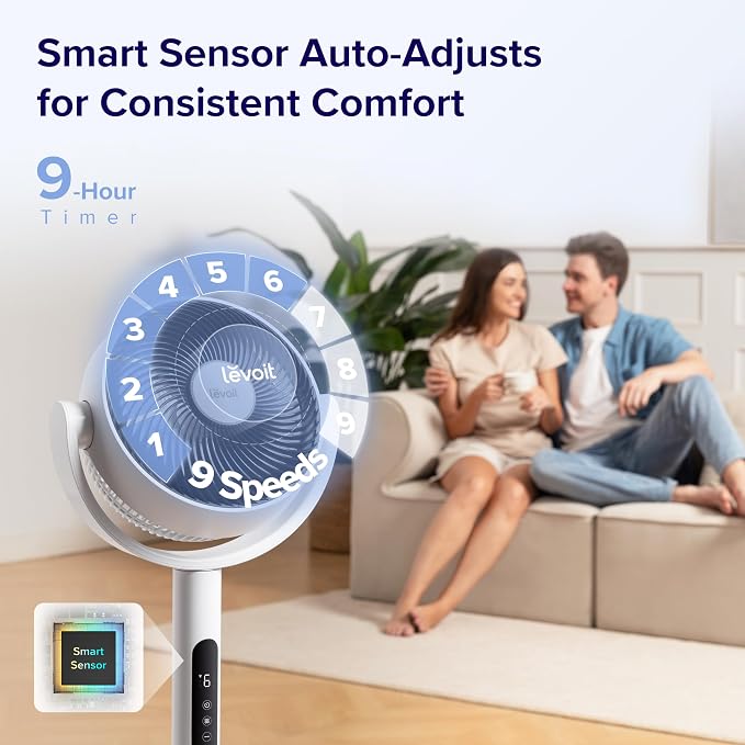 Standing Fan for Bedroom, CirculAir 120° Oscillating, Quiet 20dB, 9 Speeds, 4 Modes, DC Motor, 2 in 1 Pedestal & Tabletop