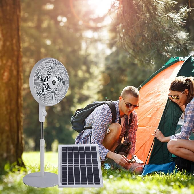 Standing Fan with Portable Solar Panel,Rechargeable Battery Operated Pedestal Fans 3 Speeds Quiet Floor Fan for Bedroom Home