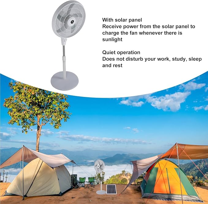 Standing Fan with Portable Solar Panel,Rechargeable Battery Operated Pedestal Fans 3 Speeds Quiet Floor Fan for Bedroom Home