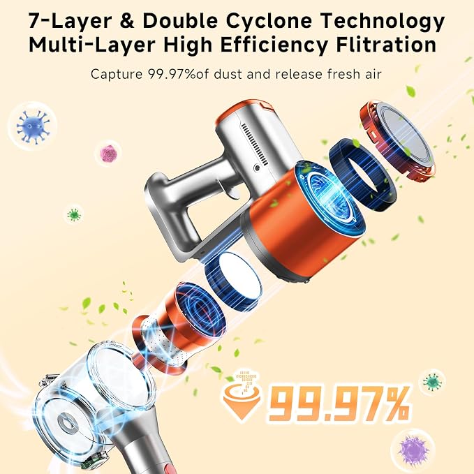 Stick Cordless Vacuum Cleaner - Lightweight Handheld Vacuum with Self Standing, Removable Battery with 45min Running Time