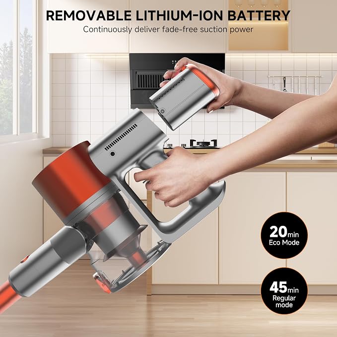 Stick Cordless Vacuum Cleaner - Lightweight Handheld Vacuum with Self Standing, Removable Battery with 45min Running Time